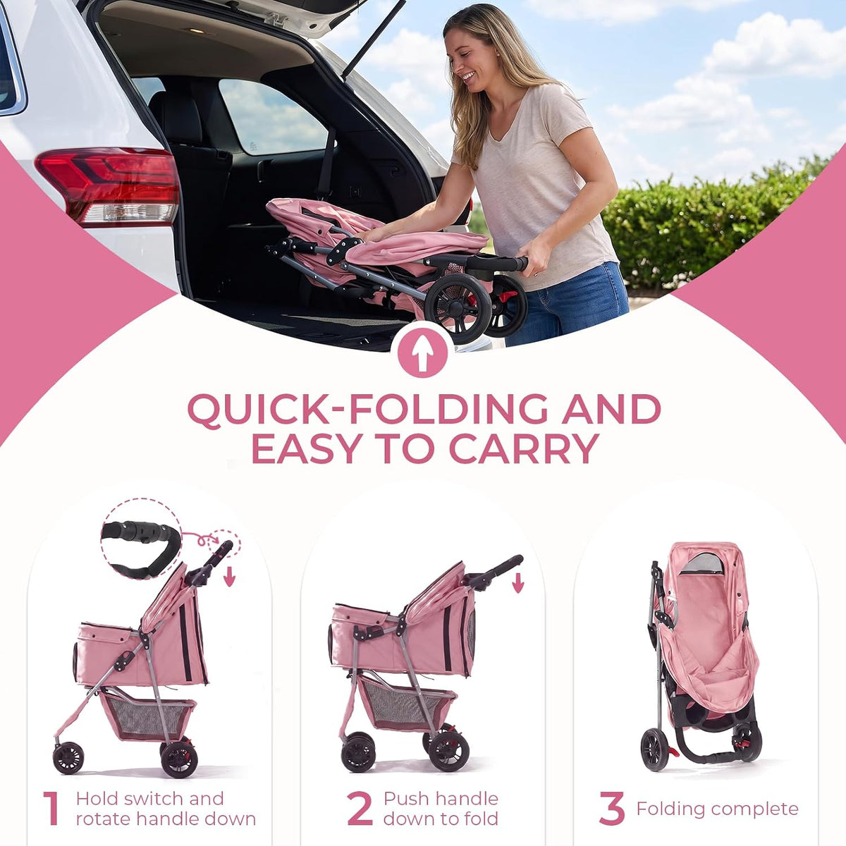pet stroller for small medium cats dogs, 3-wheel, package contents