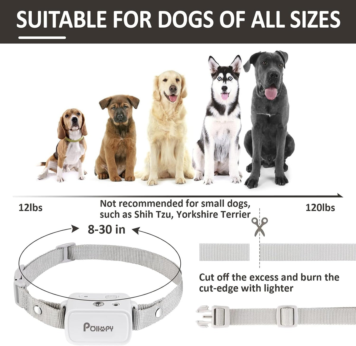 citronella dog collar with remote, safer 3 modes showing dimensions