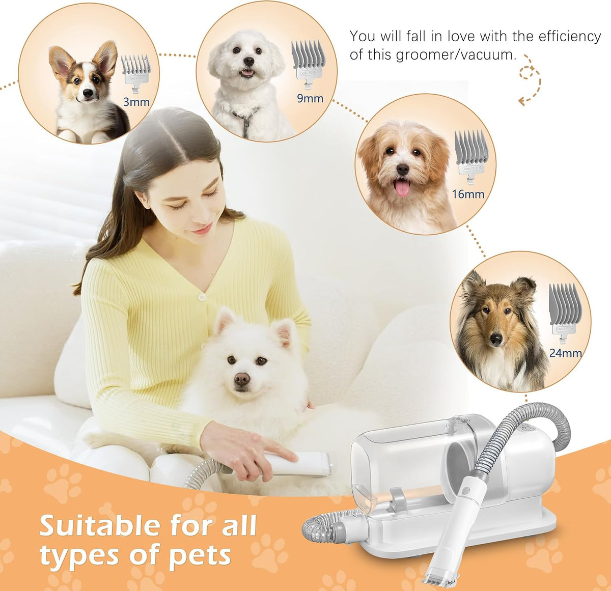 grooming kit with 2.3l vacuum suction 99% pet, close-up detail