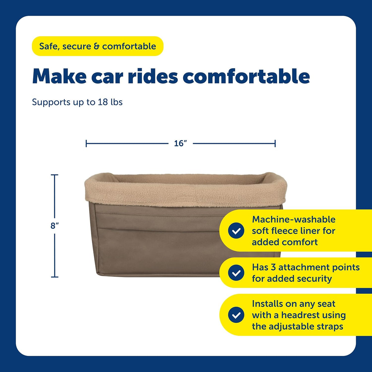 petsafe happy ride dog booster seat, brown, up showing dimensions