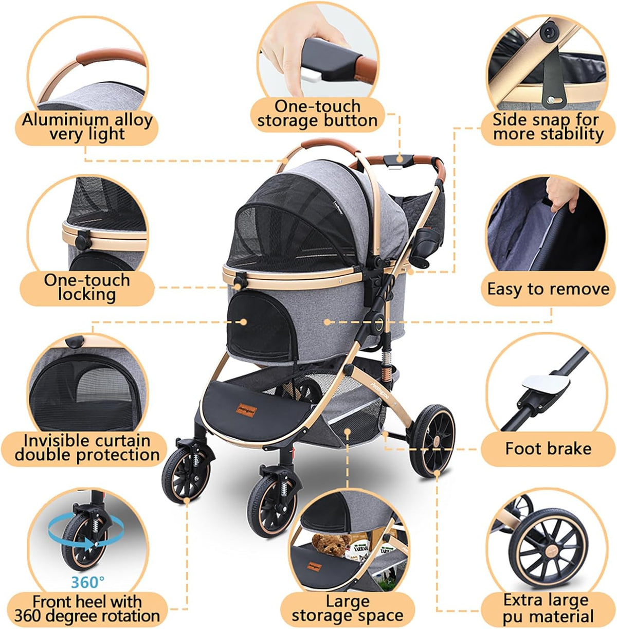 pettingzoo dog stroller, aluminum frame, removable carrier, 60 shown in use