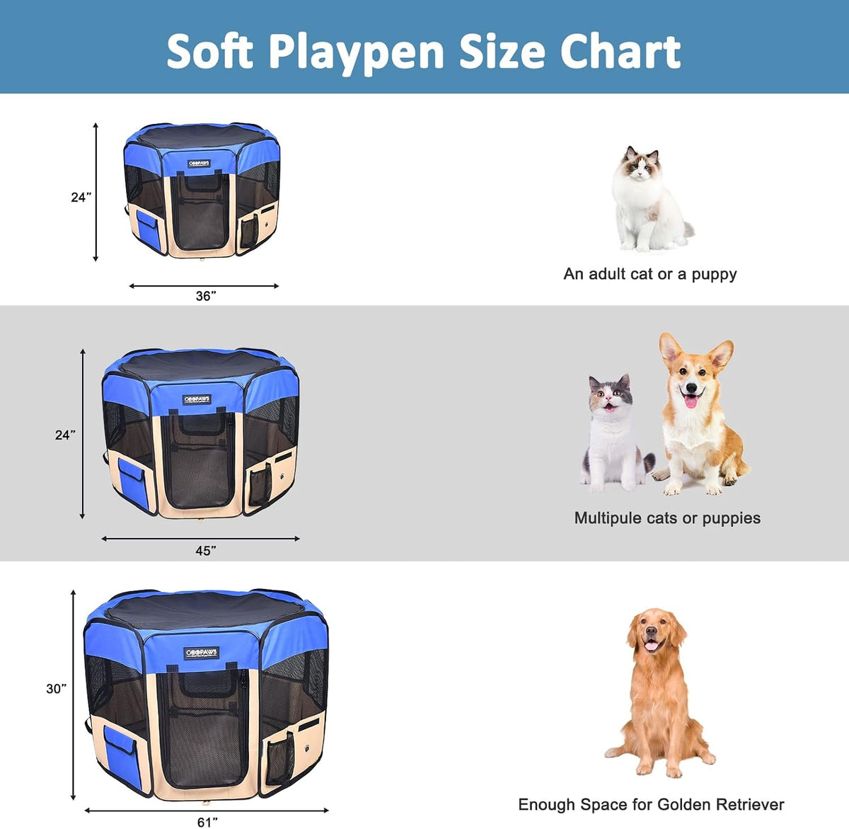jespet soft dog playpen, portable pet exercise pen showing dimensions