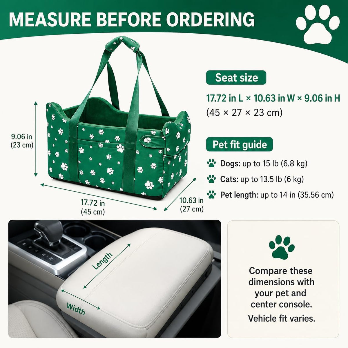 center console dog car seat safe travel for showing dimensions