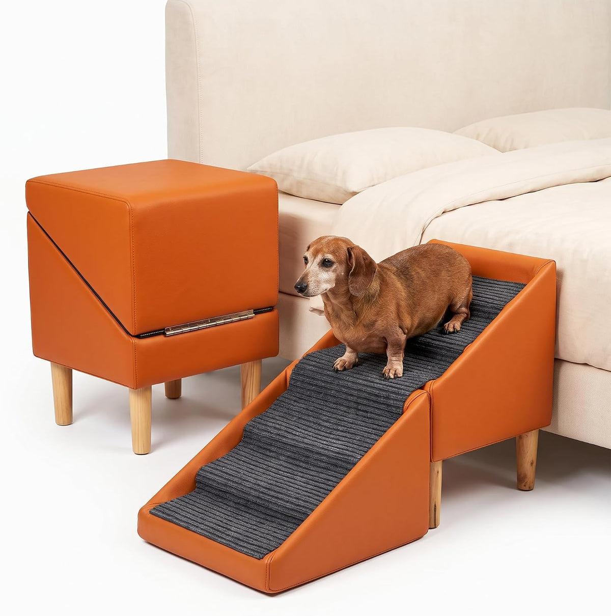 foldable dog cat stair ramp solid wood ottoman, main product view