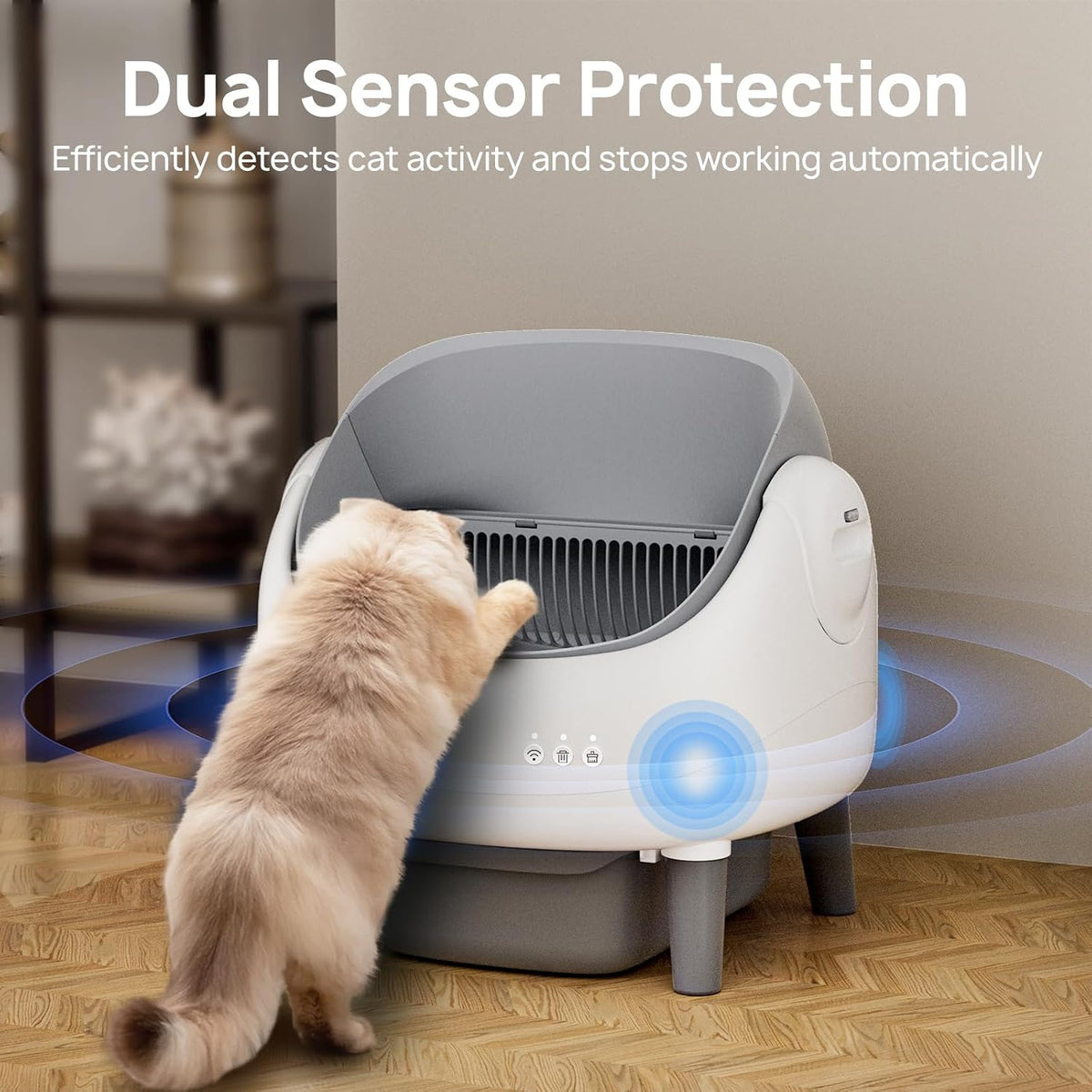open-top automatic cat litter box, self cleaning litter, close-up detail