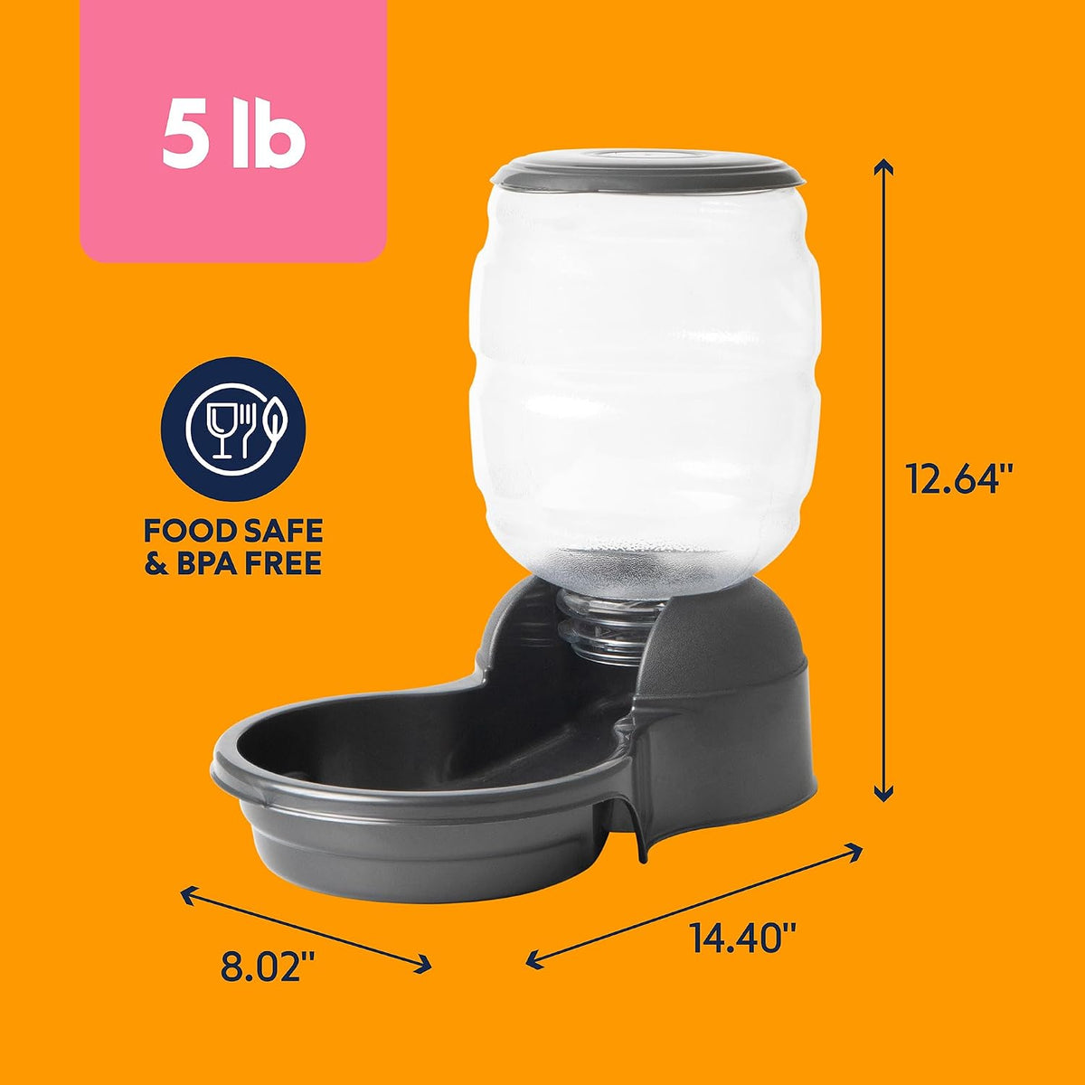 petmate replendish gravity dog feeder, 5lbs, microban antimicrobial showing dimensions