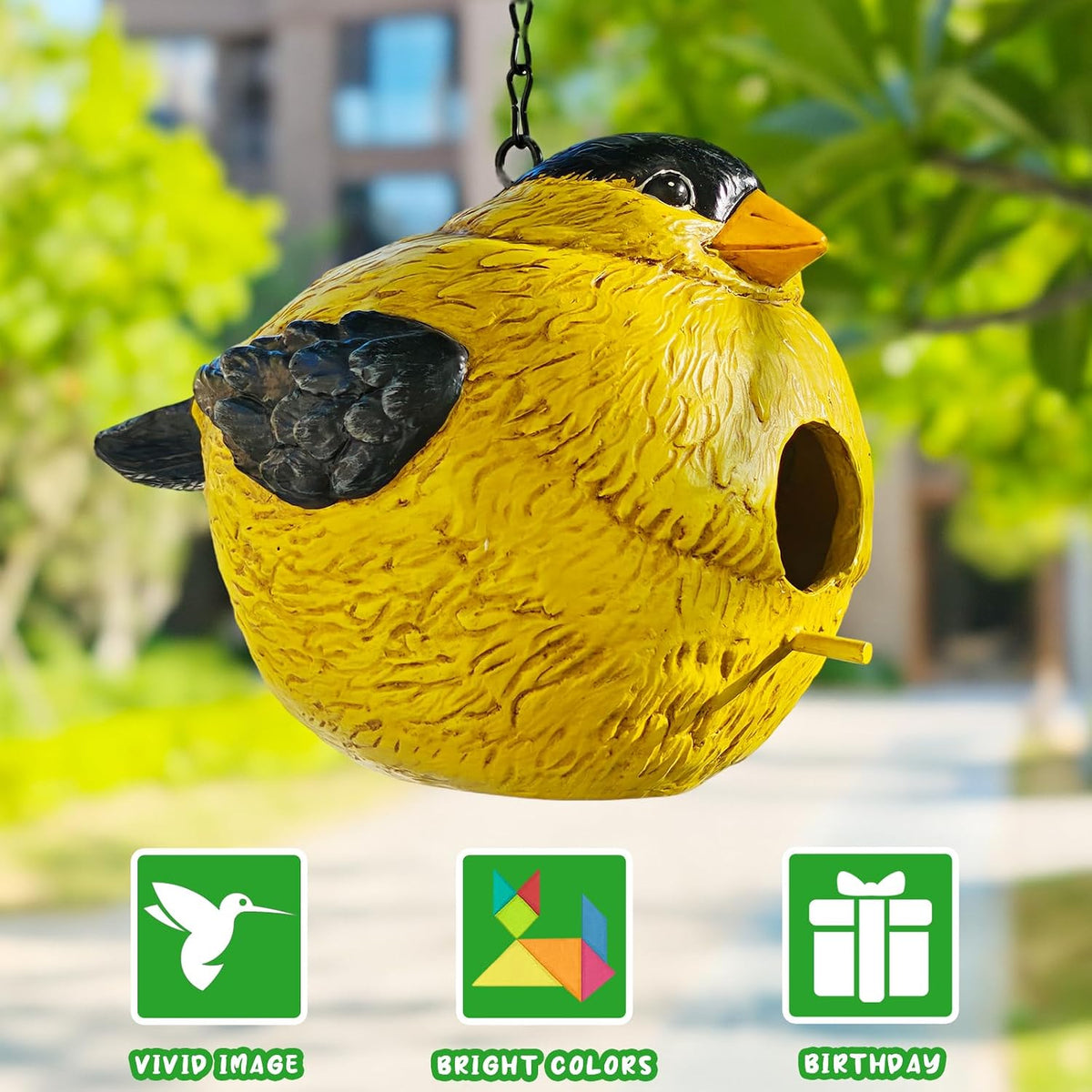 sunny yellow bird house with entry hole, outdoor, close-up detail