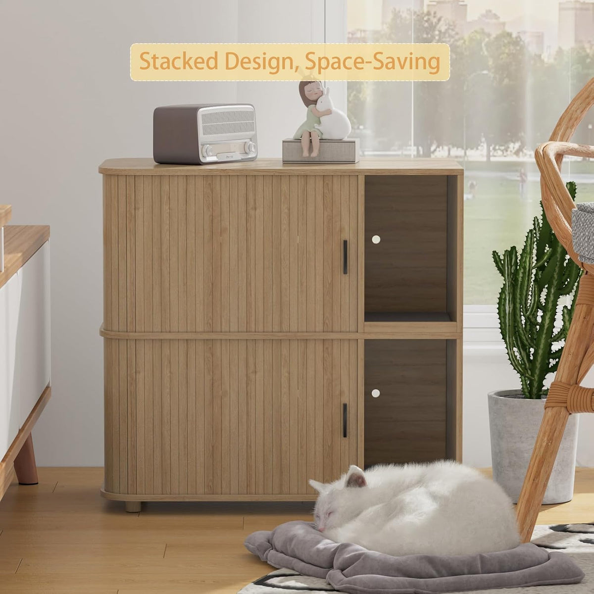 double cat litter box enclosure with sliding doors showing dimensions