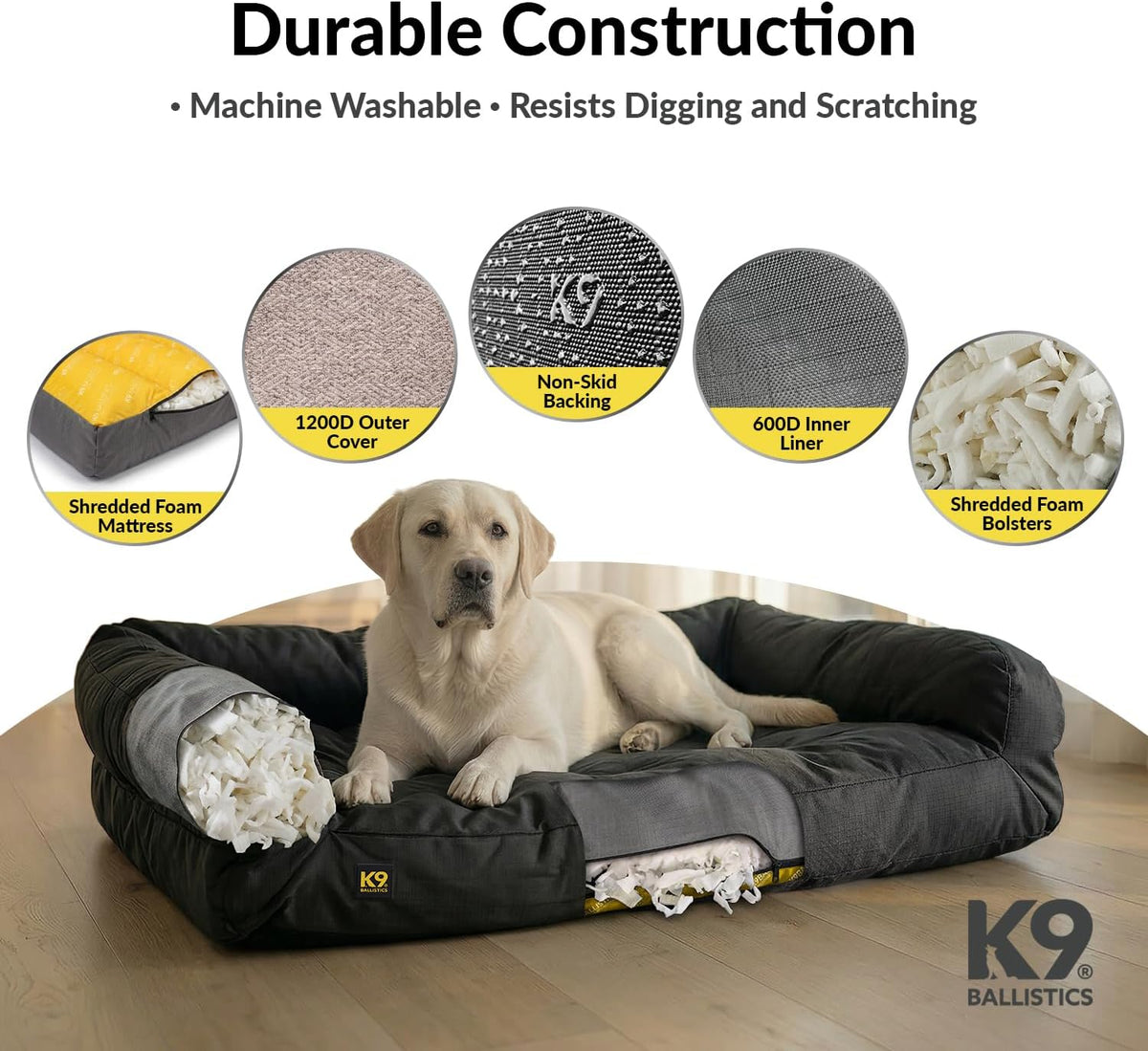 k9 ballistics tough ripstop bolster pillow dog bed, close-up detail