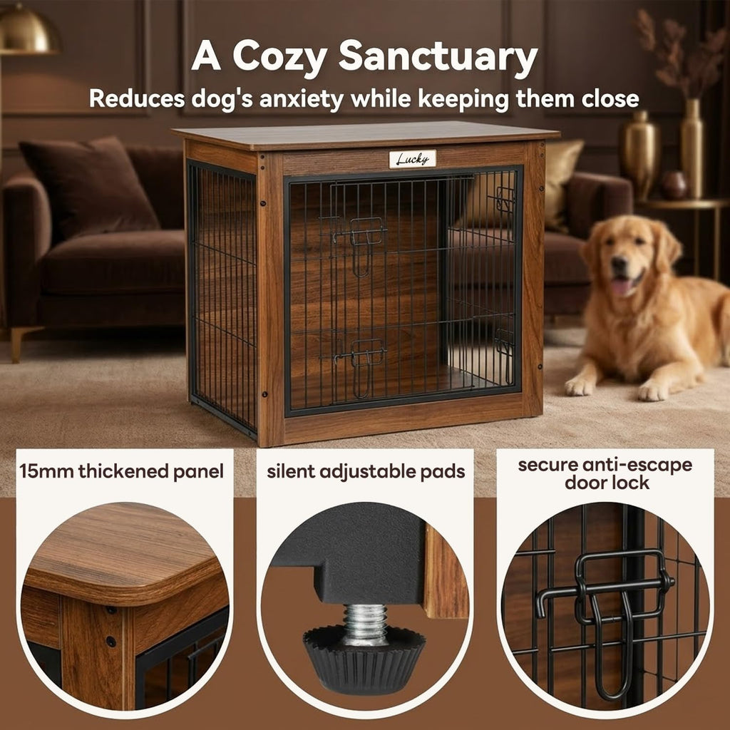 walnut dog crate furniture with reversible side door, side view