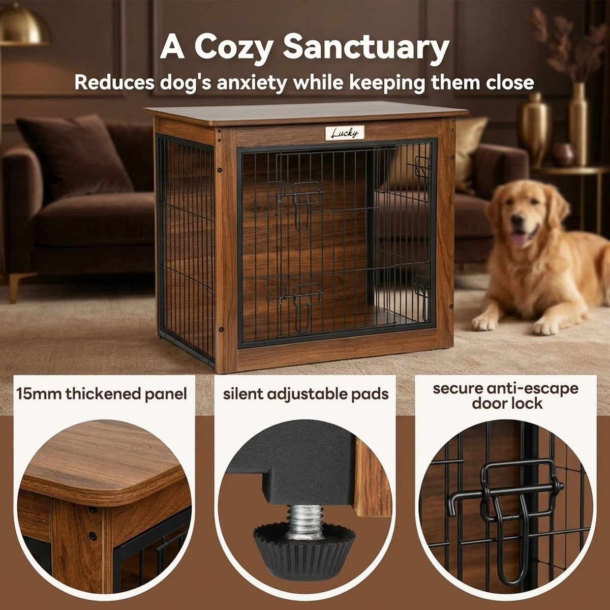 walnut dog crate furniture with reversible side door, side view