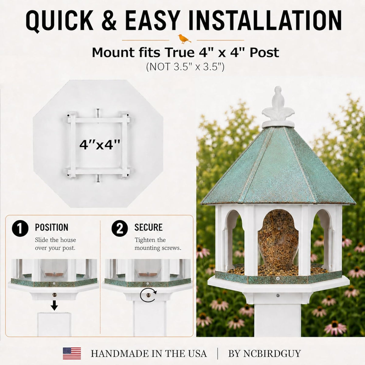 handmade patina copper roof octagon bird feeder (sbf8v) showing dimensions