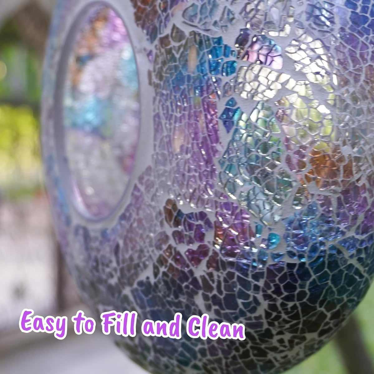 fly through mosaic glass bird feeder with solar, side view