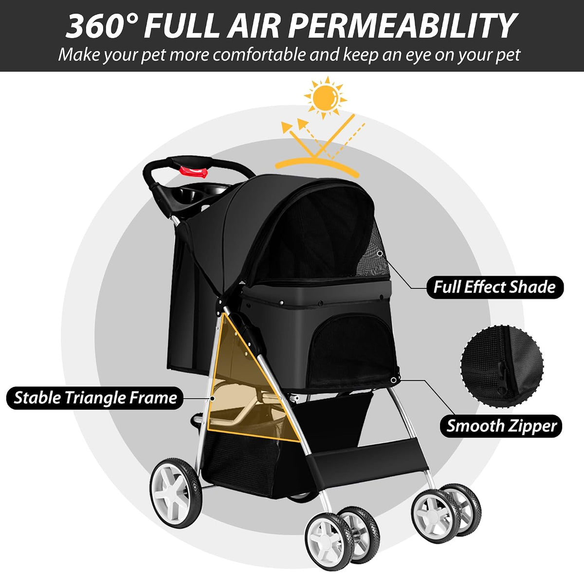 unisakey foldable 4-wheel pet stroller for dogs cats, package contents