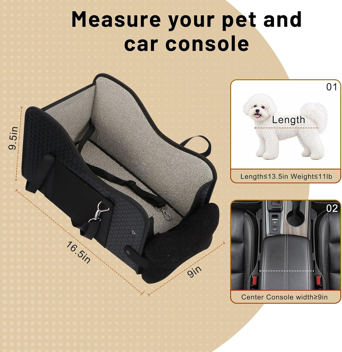 dog car seat for small dogs, center console shown in use