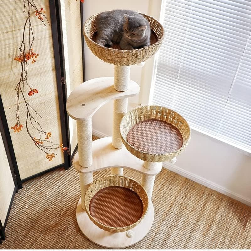 modern wood cat tree for large cats,luxury rattan, close-up detail