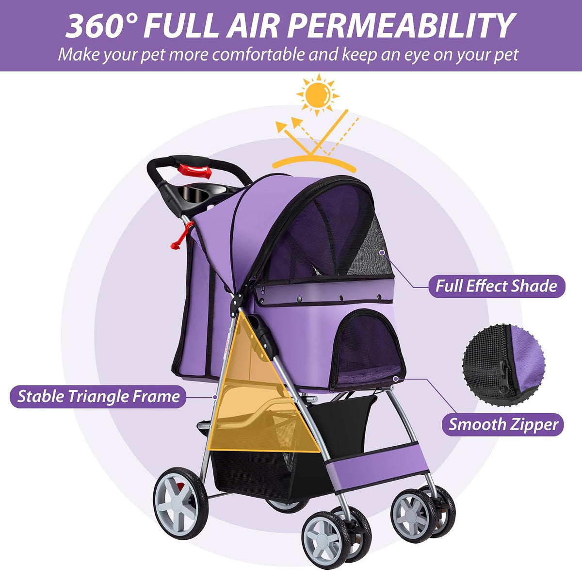 unisakey foldable 4-wheel pet stroller for dogs cats, package contents