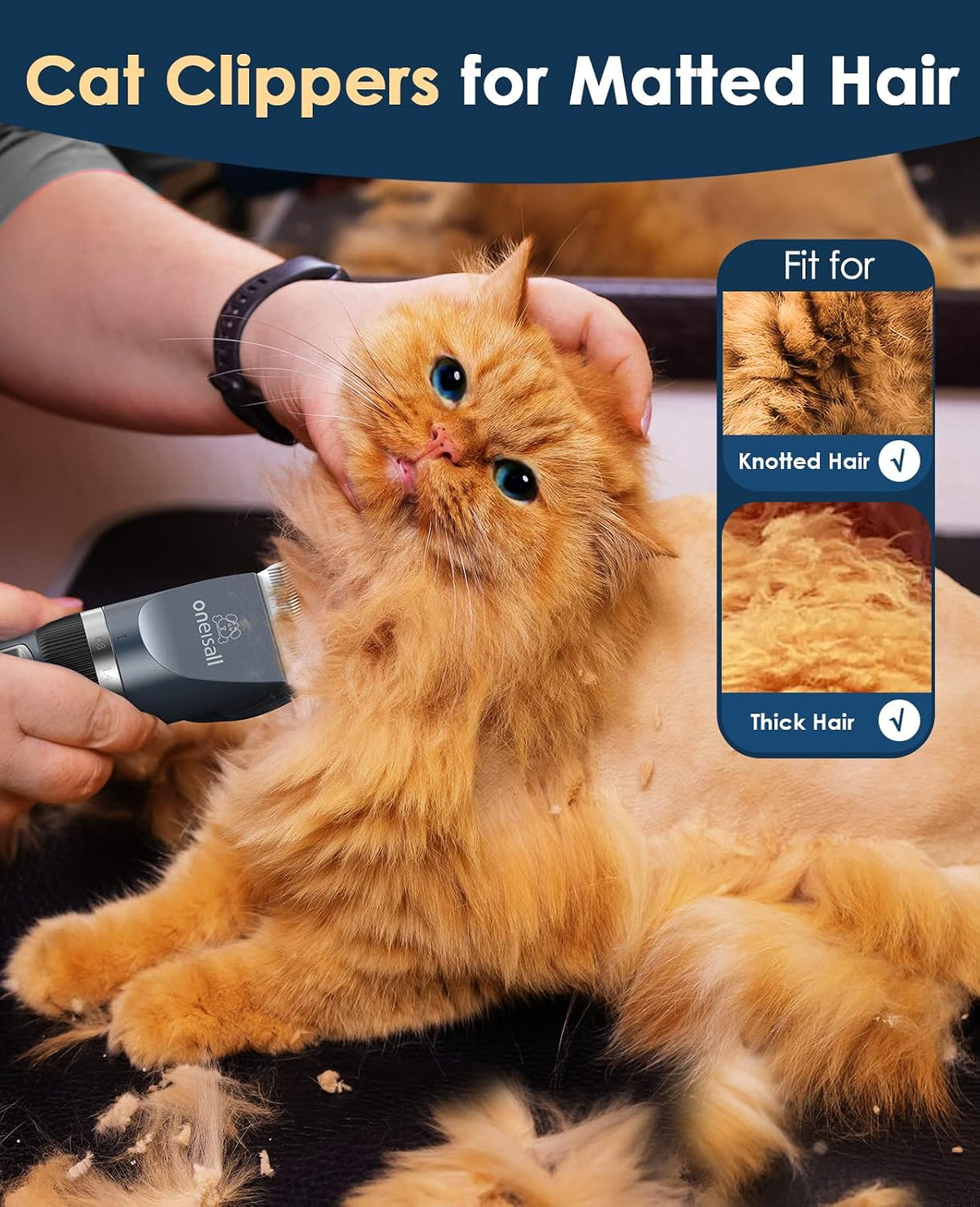 oneisall quiet cat clippers for matted hair & shown in use
