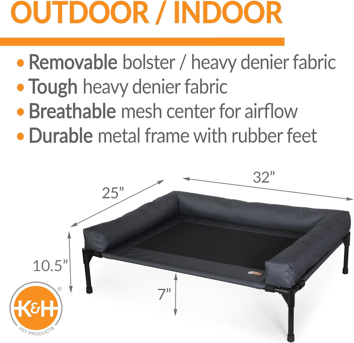 k&h bolster dog cot cooling indoor/outdoor dog bed shown in use