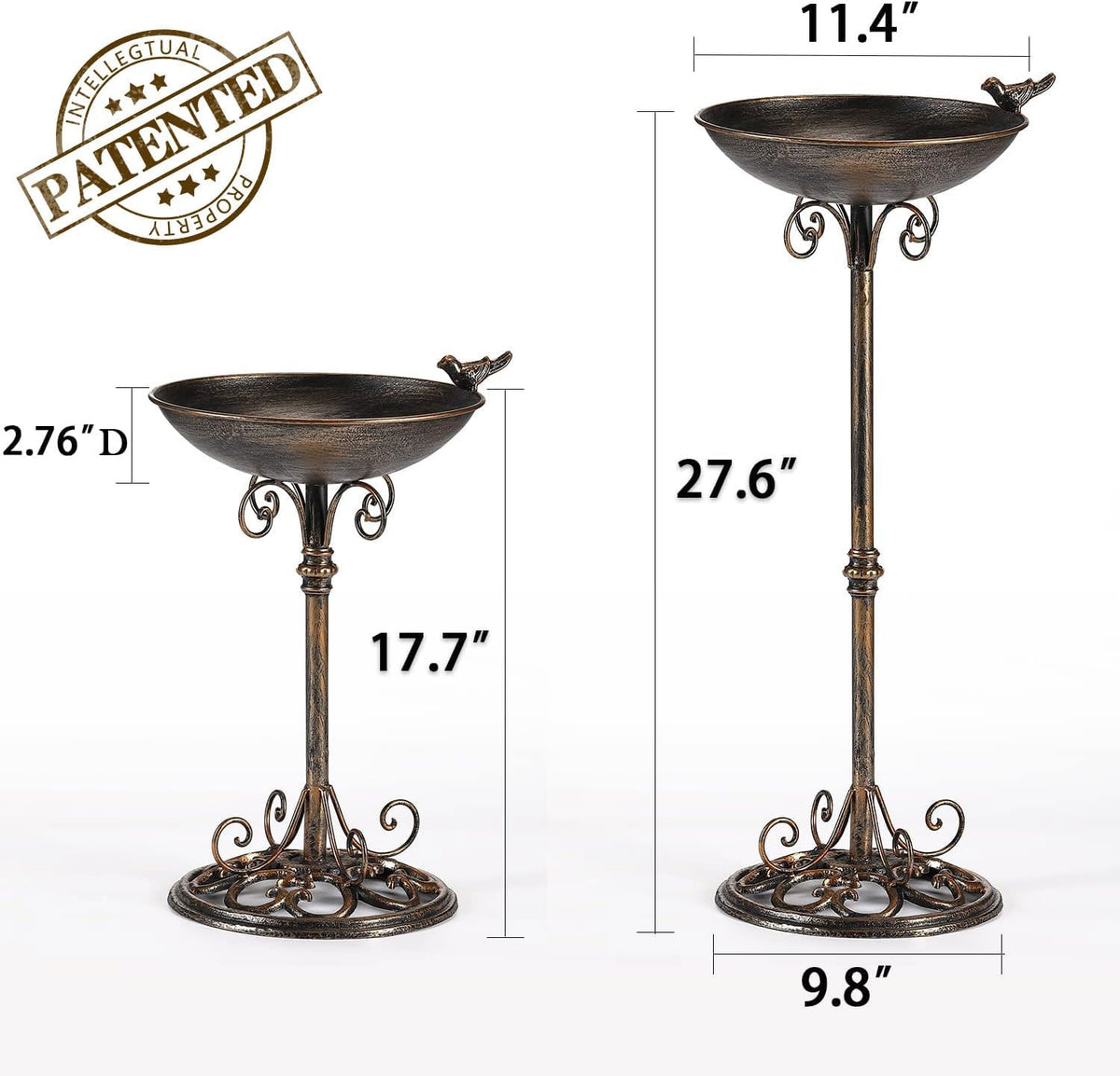 11.4" w*27.6" h cast iron pedestal bird bath shown in use