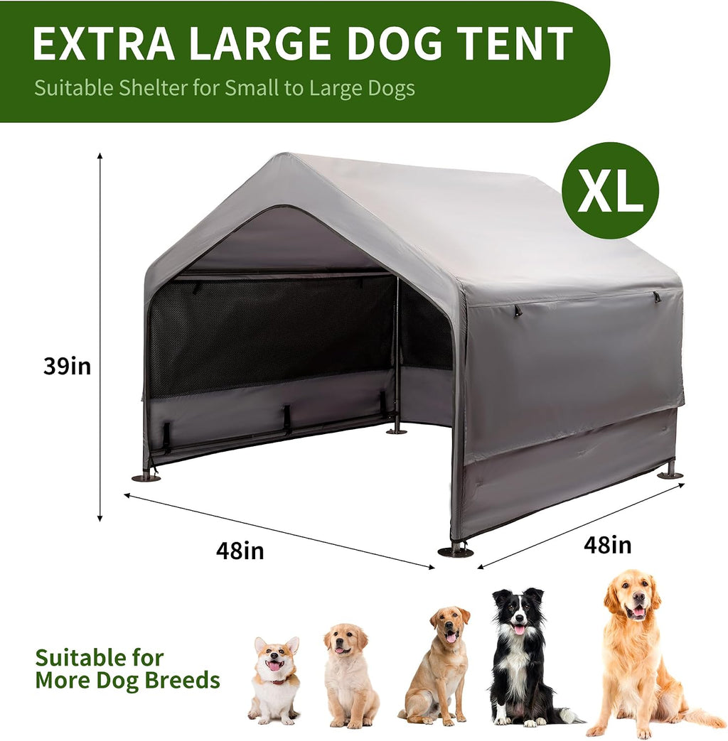 summertrail extra large dog house outside, dog shade shown in use