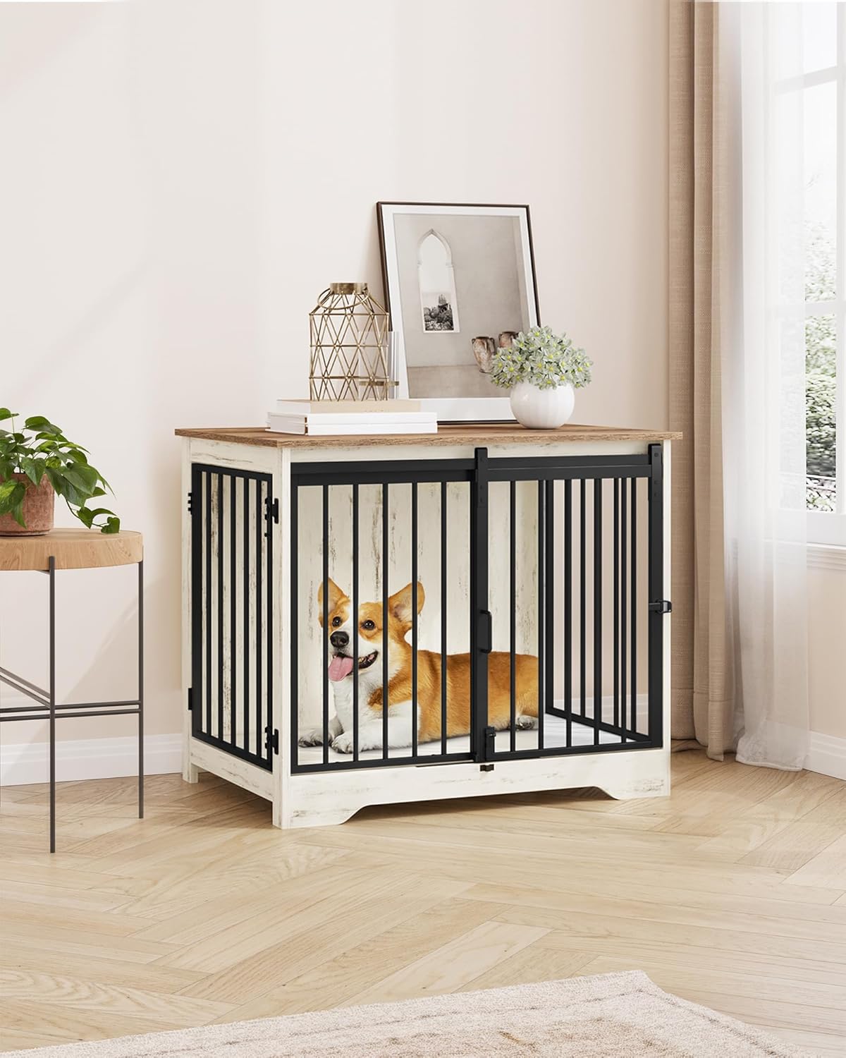 hzuaneri 31.9 in m dog crate furniture indoor showing dimensions
