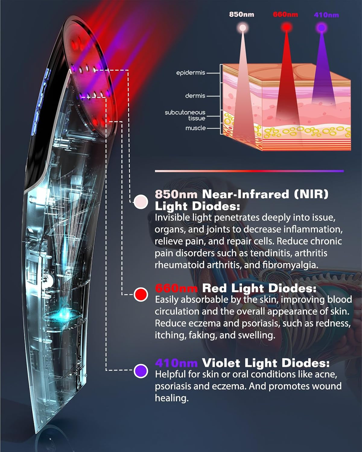 red light therapy for dogs, 410nm, 660nm & showing dimensions