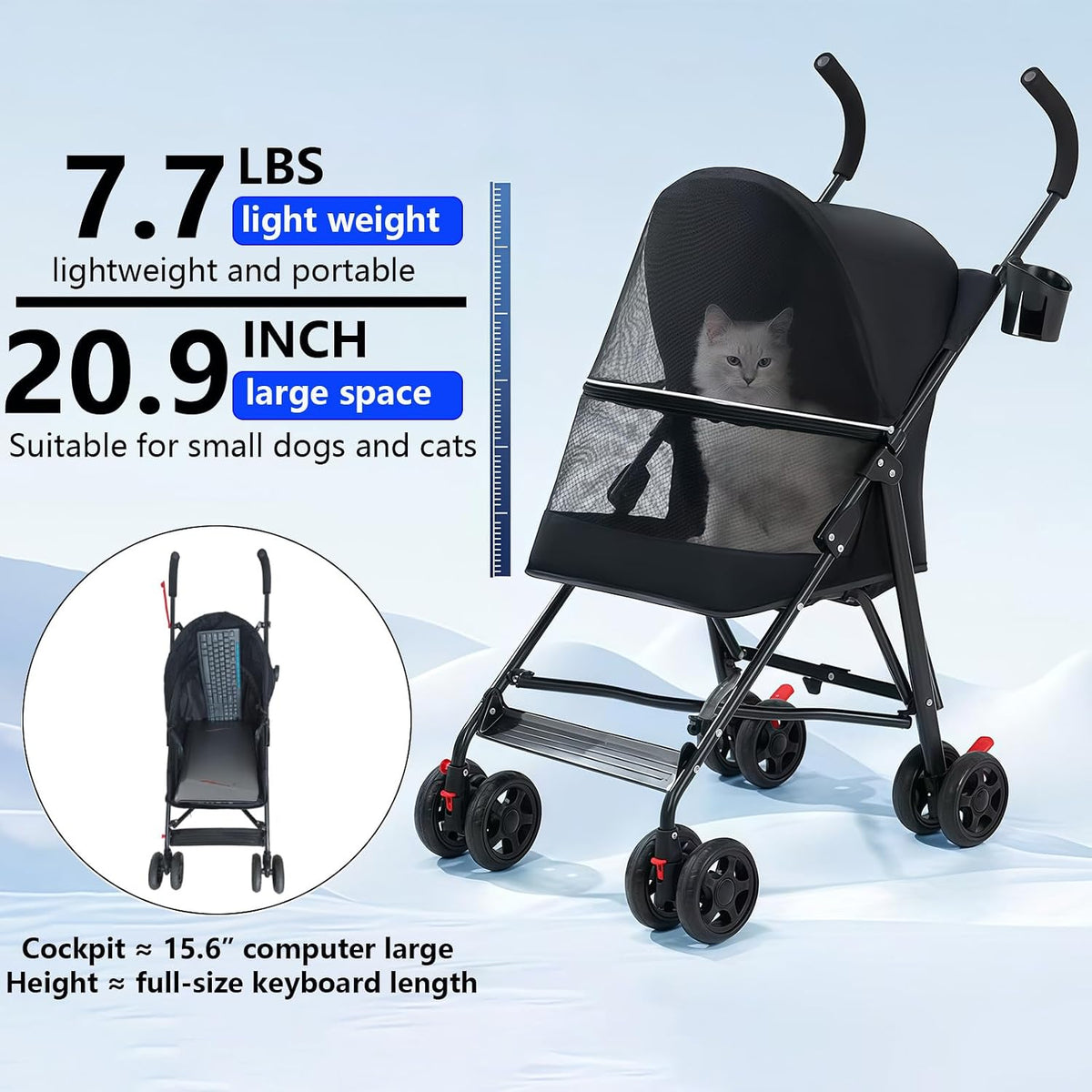 cat stroller foldable lightweight for small dogs cats showing dimensions