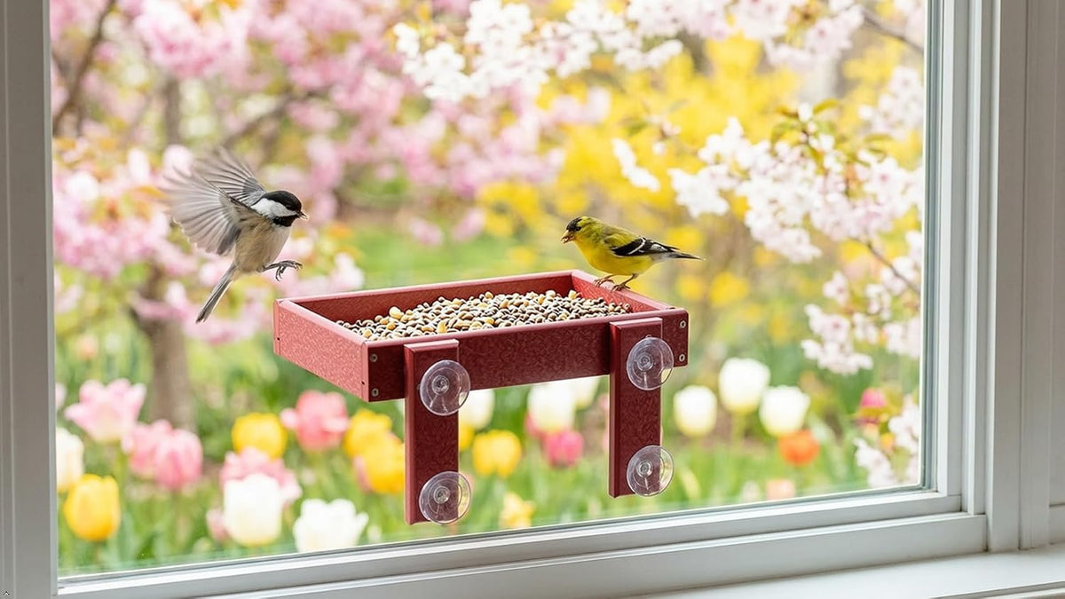 window mount bird feeder, cherry wood, side view