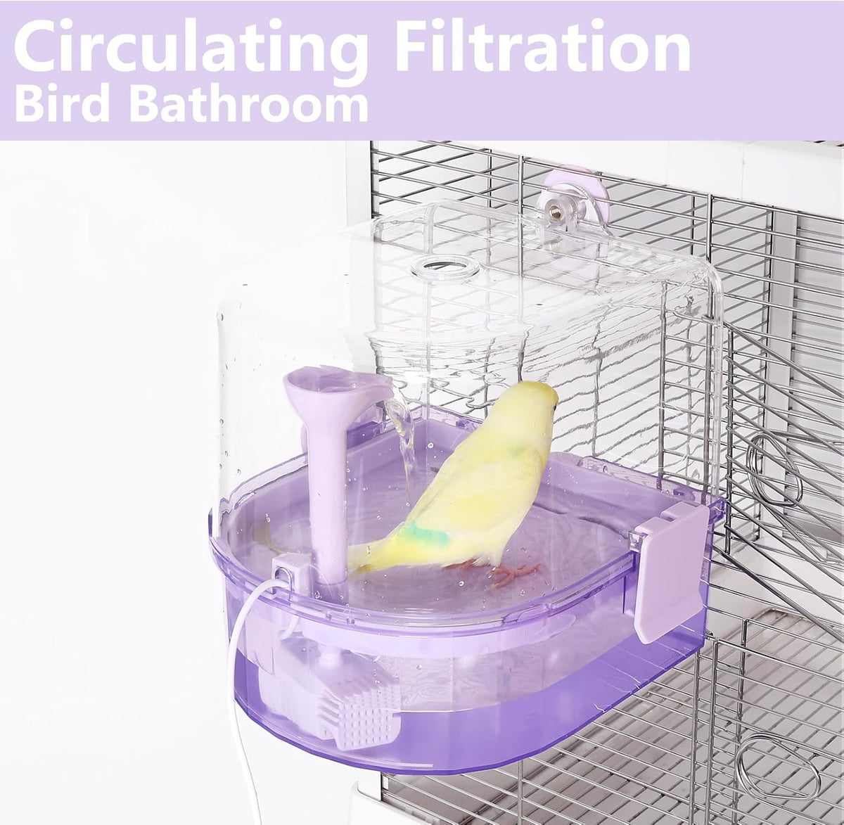 water circulation bird bath, hanging cage shower box(purple), side view