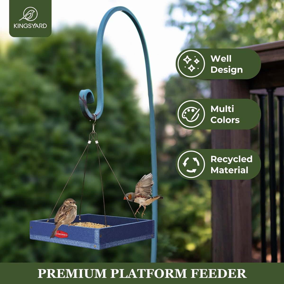 kingsyard platform bird feeder for outdoors, hanging feeding shown in use