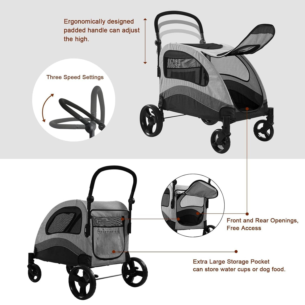 xl extra large dog stroller, all-terrain 4 wheel showing dimensions