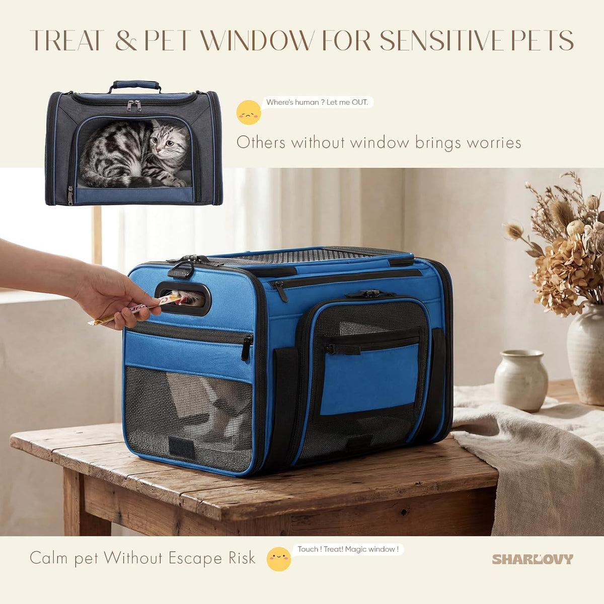 top-side expandable pet carrier, treat window,17x11x9.5 airline approved shown in use