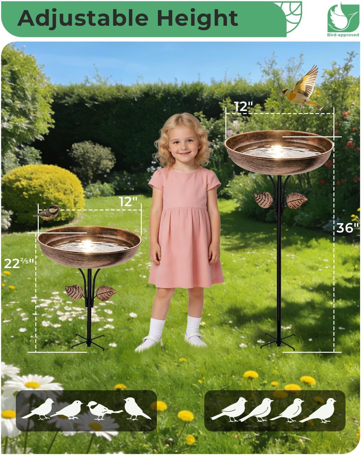 12" bird bath for outside with stake, metal, side view