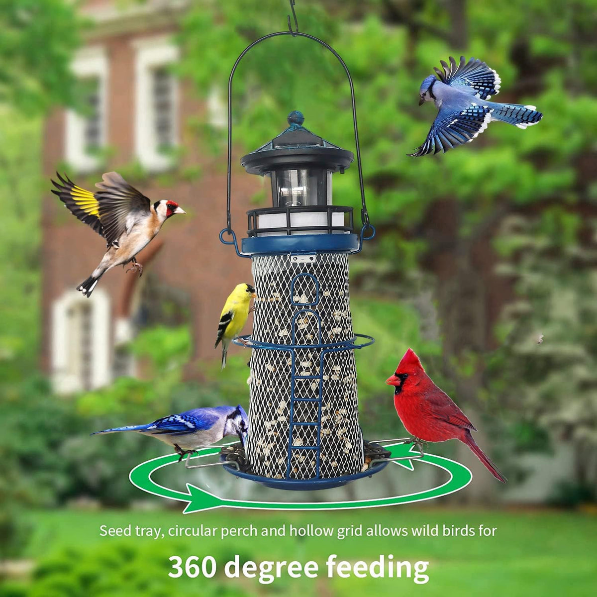 14" solar bird feeder lighthouse with rotating beacon, close-up detail