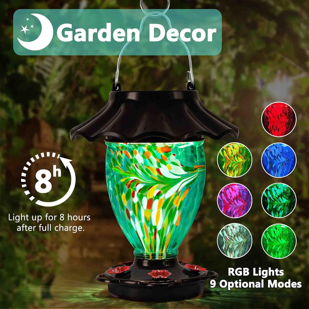lujii solar powered color changing hummingbird feeder for shown in use