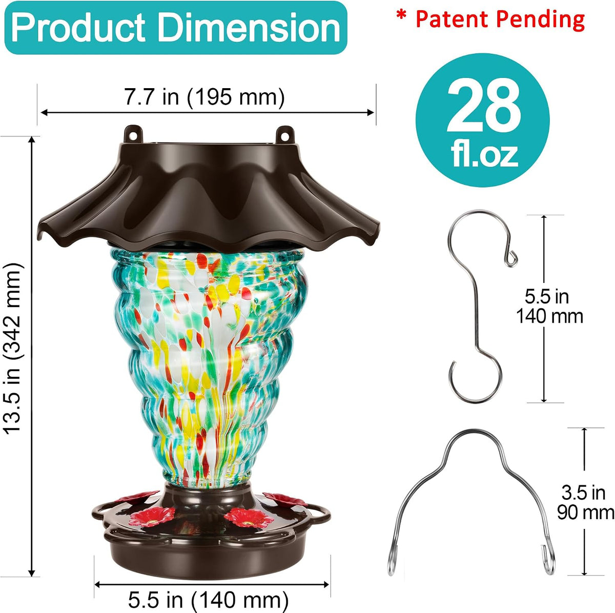 lujii solar hummingbird feeder for outdoor hanging, rgb showing dimensions