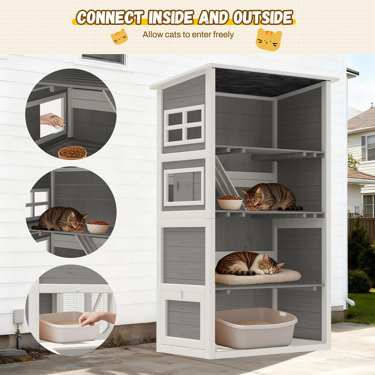 large 4-tier outdoor cat enclosure walk-in catio, grey, close-up detail