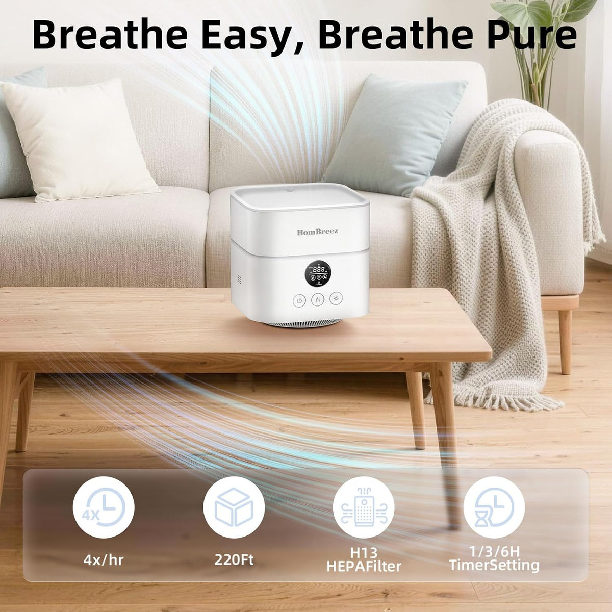 air purifier and humidifier combo for bedroom, h13, side view