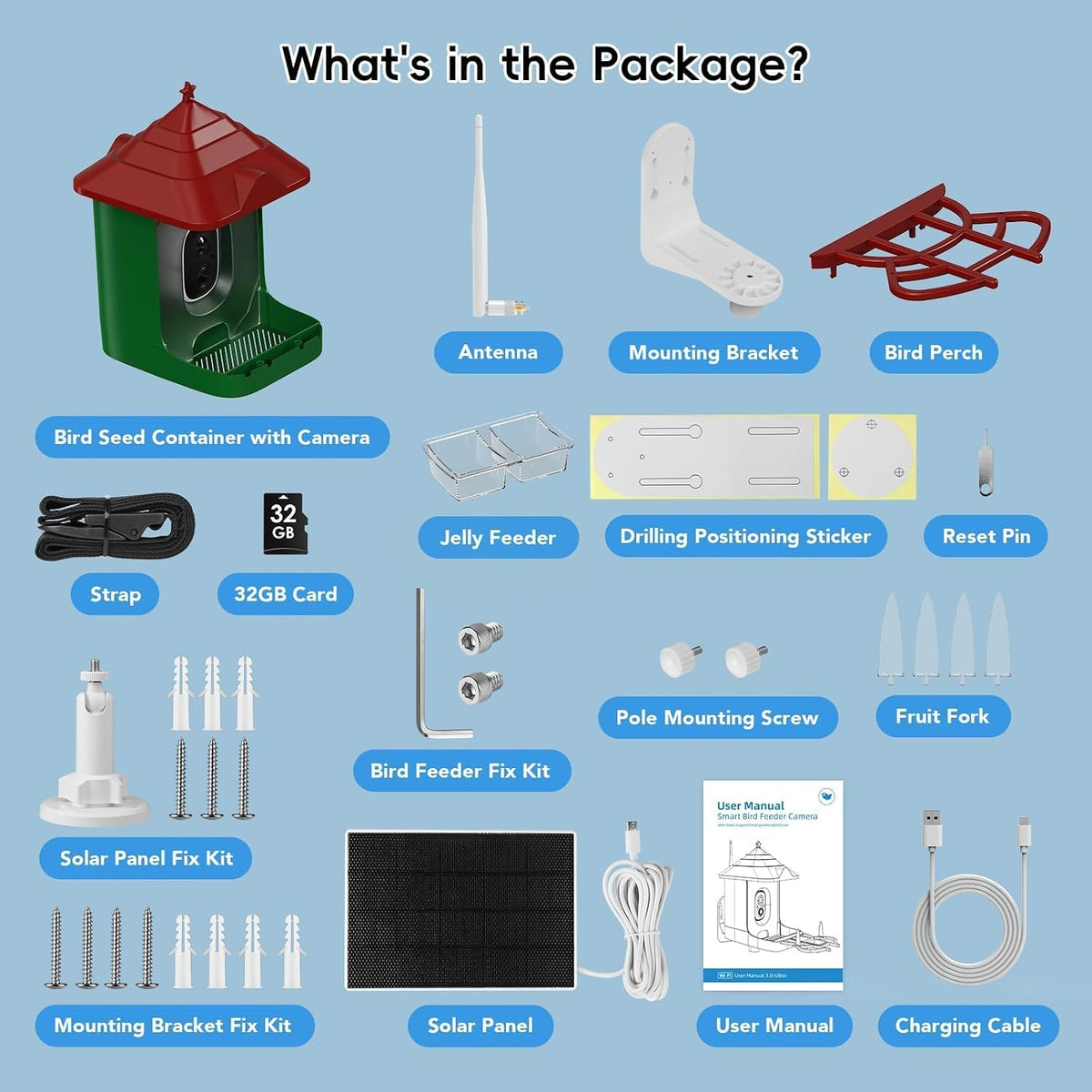 smart bird feeder with camera, solar panel & showing dimensions