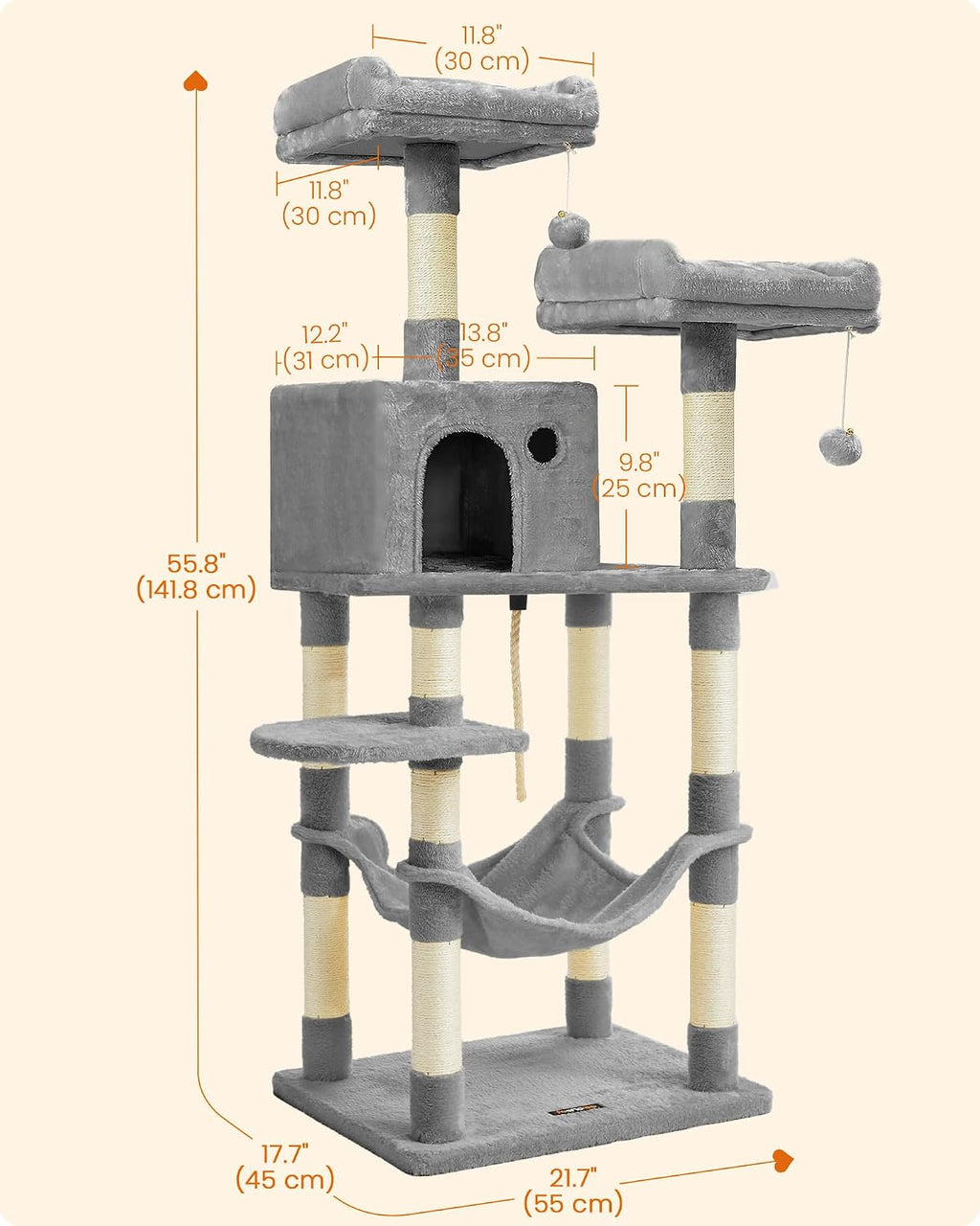 feandrea cat tree, 55.8-inch large cat tower, multi-level showing dimensions