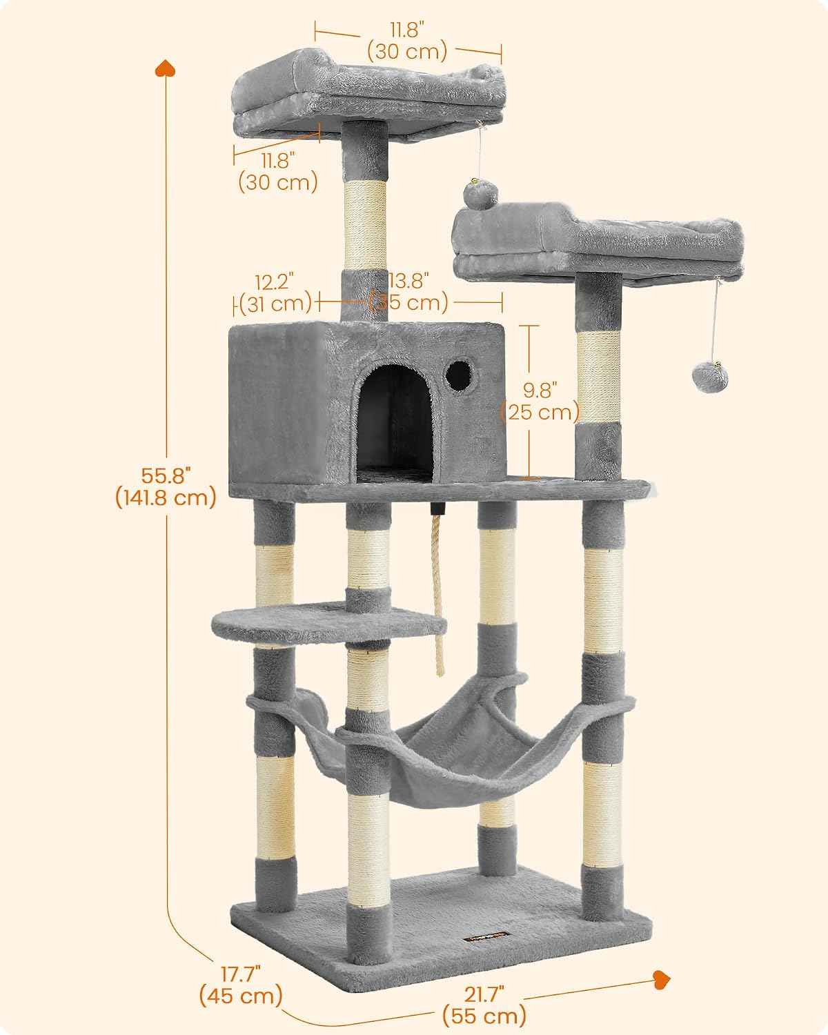 feandrea cat tree, 55.8-inch large cat tower, multi-level showing dimensions
