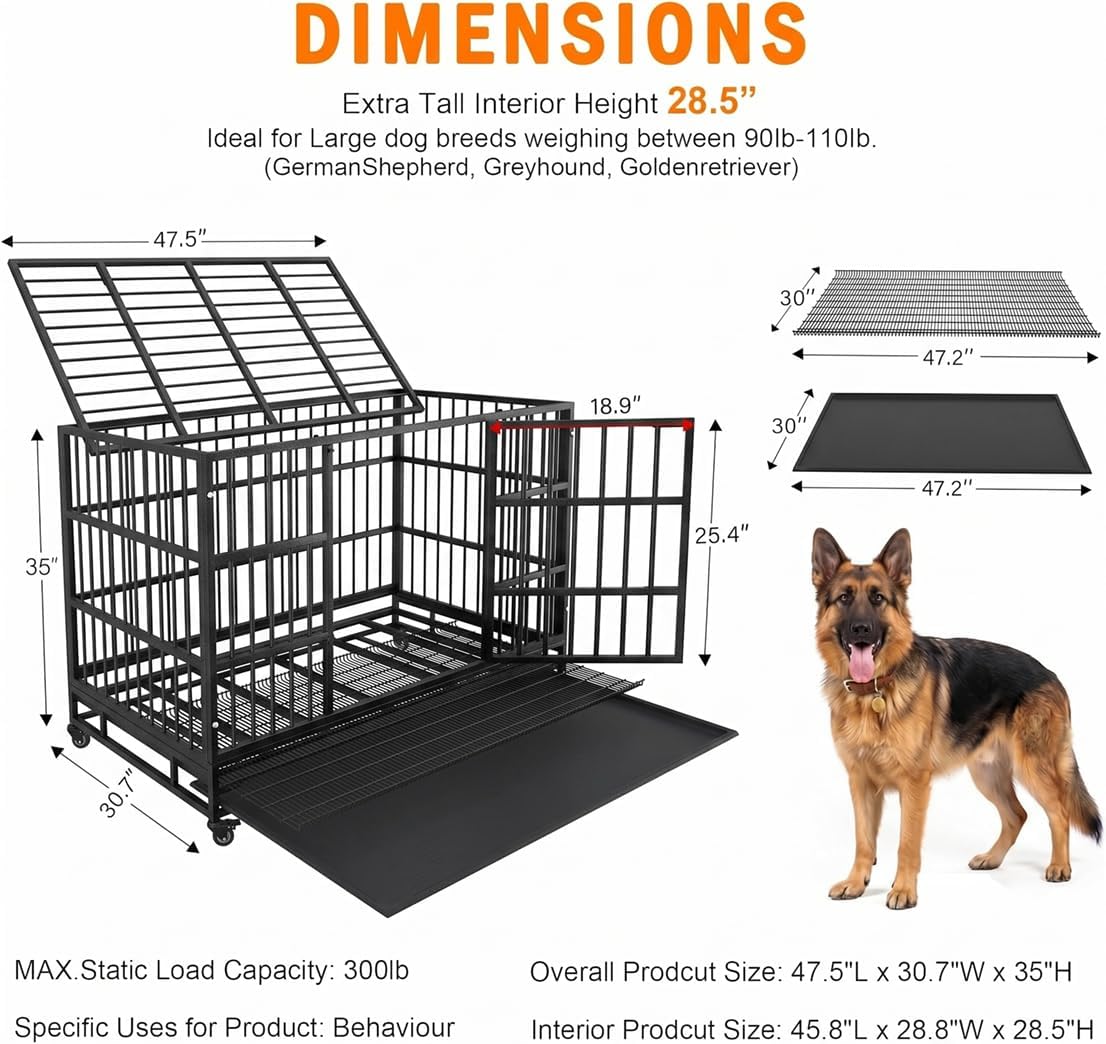 kokotangs 48 inch heavy duty dog crate cage showing dimensions