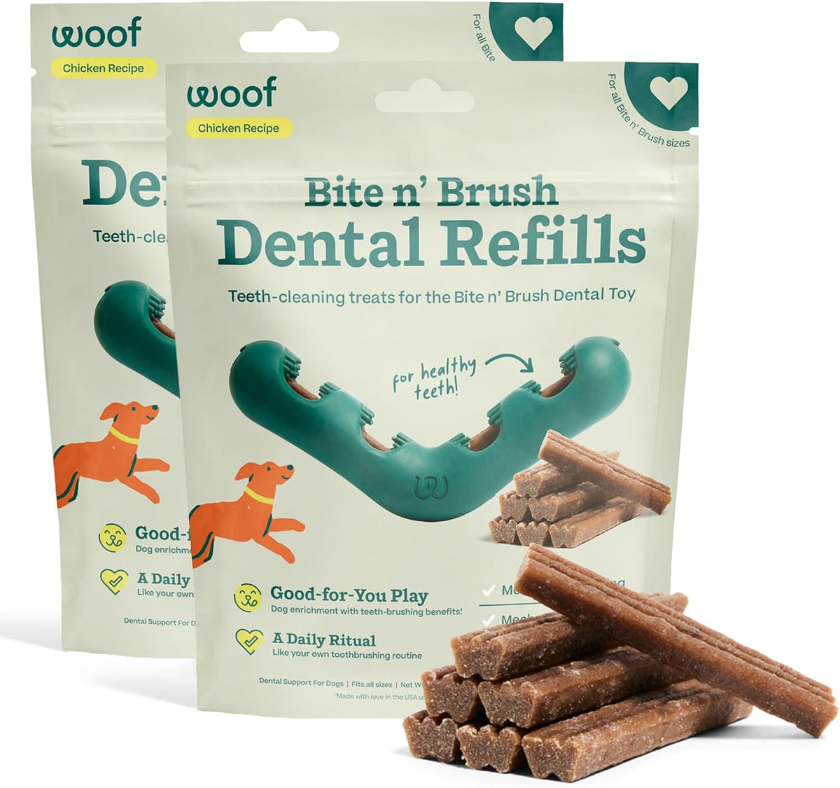 woof bite n' brush dog dental sticks, refills, main product view