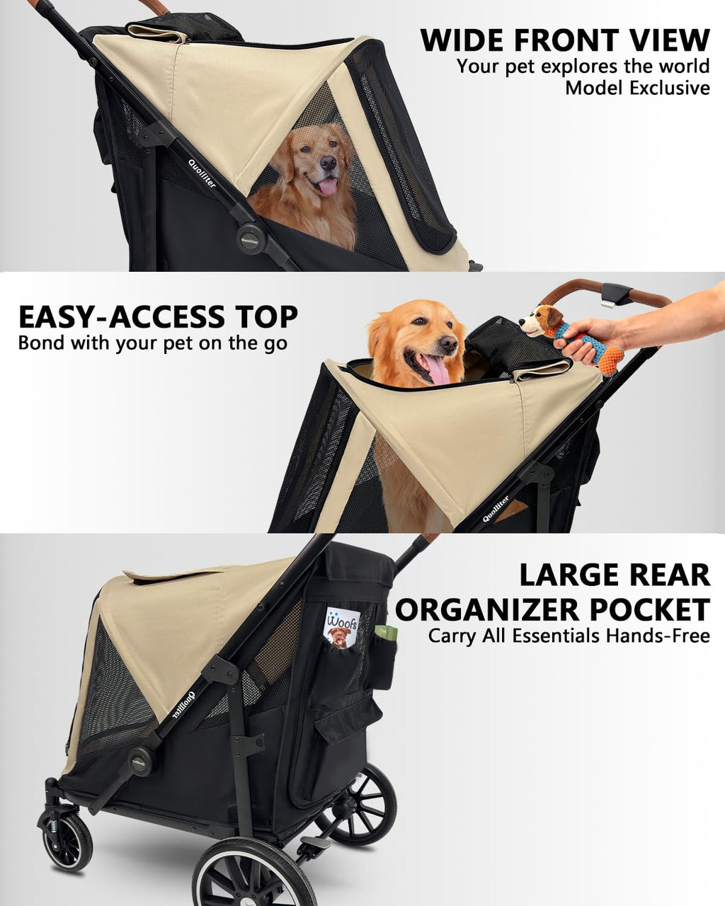 dog stroller for large & medium dogs, up showing dimensions