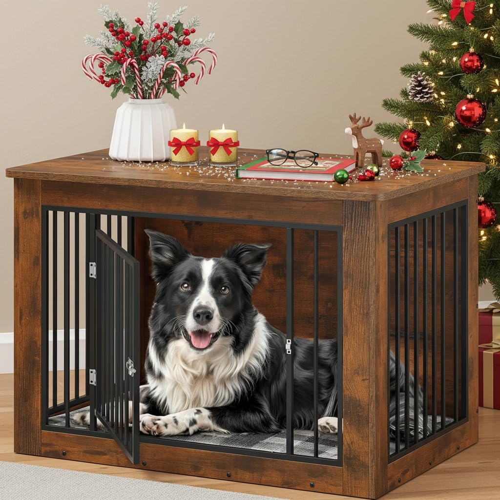 yitahome 38" dog crate furniture 2-in-1 iron-wood fusion, main product view