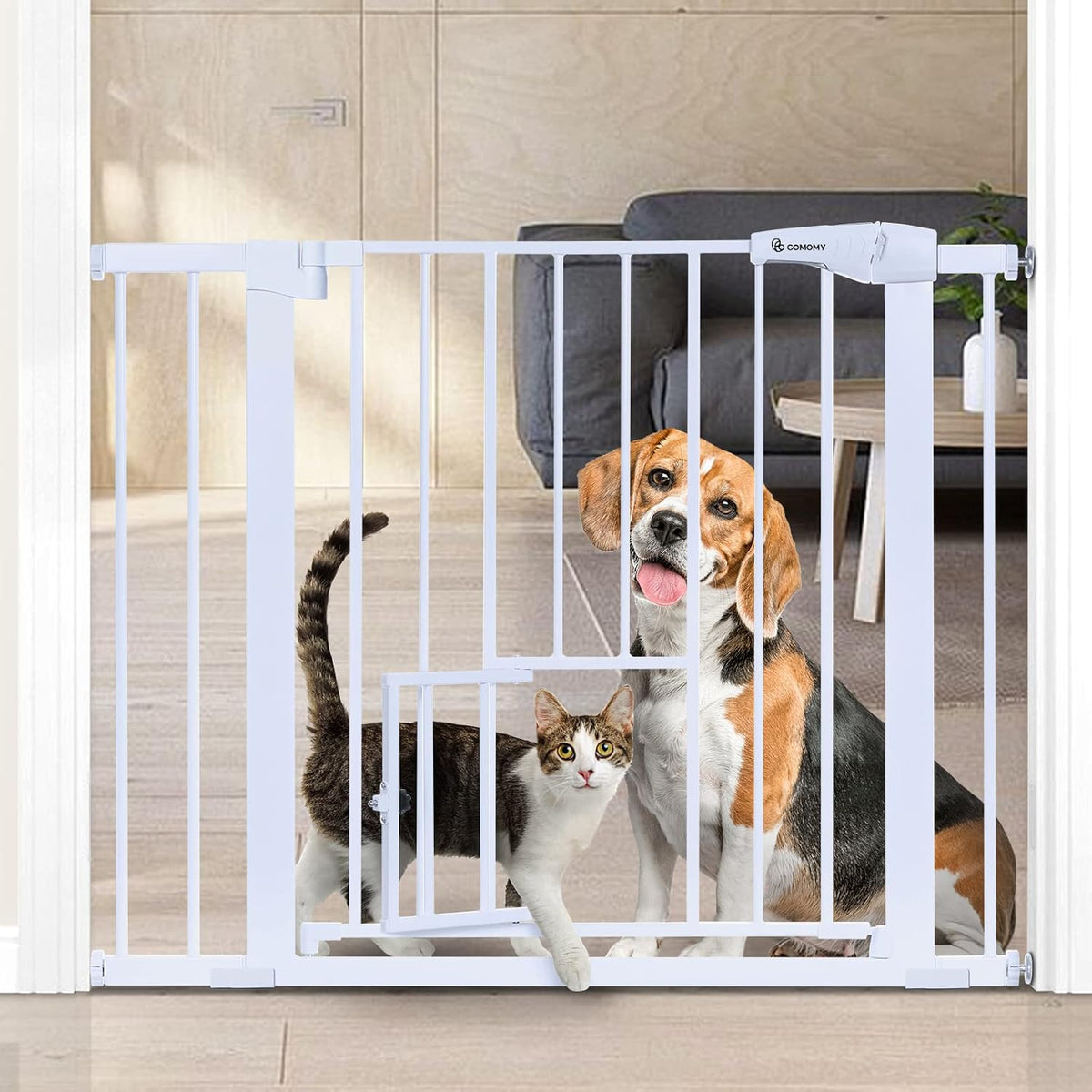 comomy auto close pet gate with cat door shown in use