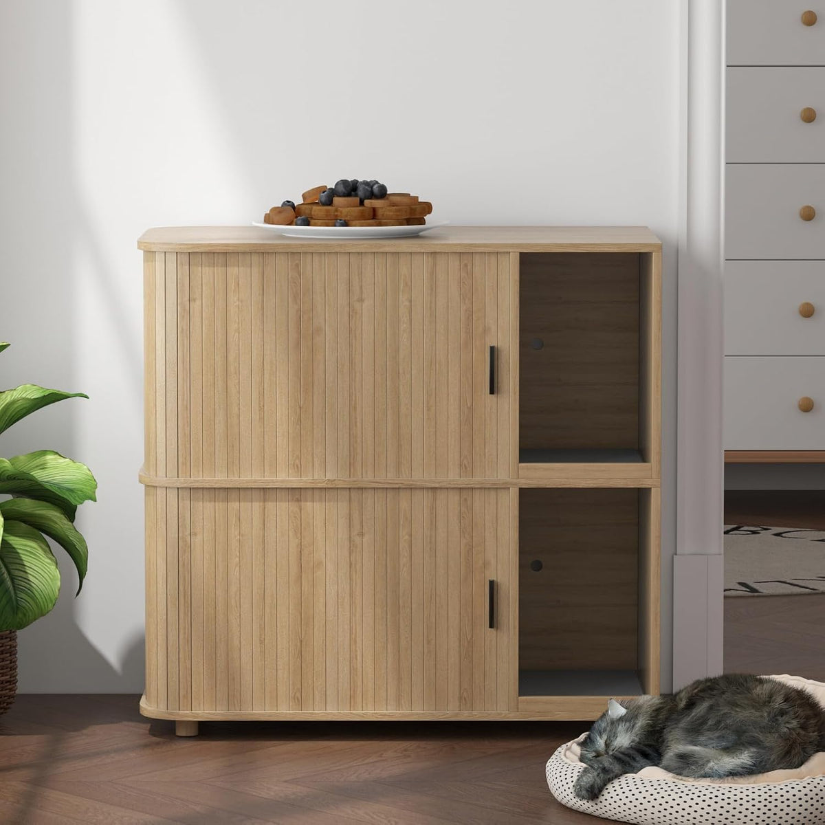 double cat litter box enclosure with sliding doors, main product view