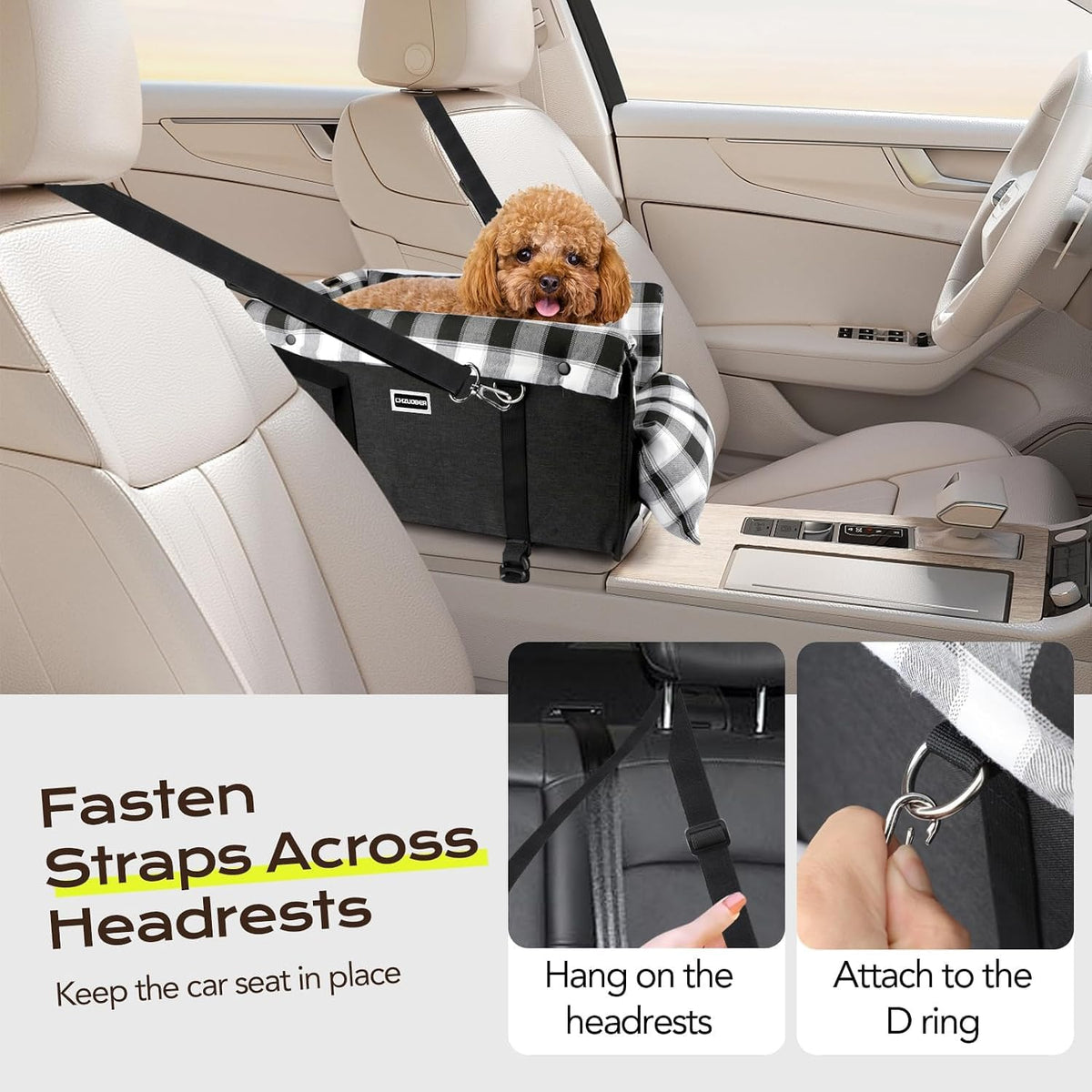 center console dog car seat for small dogs showing dimensions