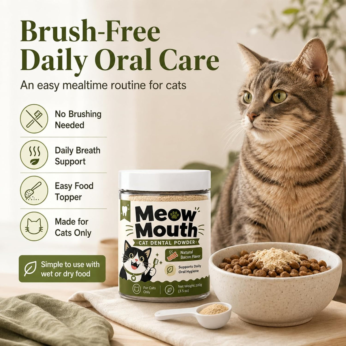 meow mouth cat dental powder, plaque & tartar shown in use